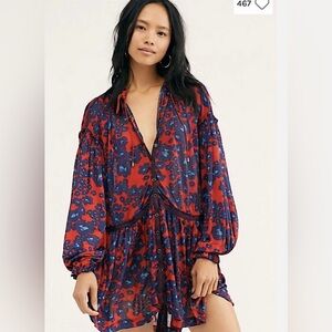 Free People Love Letter Tunic Boho Floral Red Blue Long Sleeve Size L